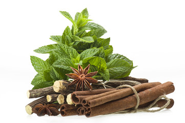 cinnamon,star anise,mint,licorice,close up on the white