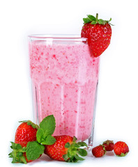 A glass of fresh cold strawberry smoothie, isolated on white