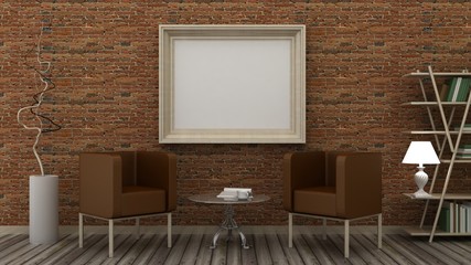 Empty picture frames in classic interior background on the brick wall with wooden floor. Copy space image. 3d render