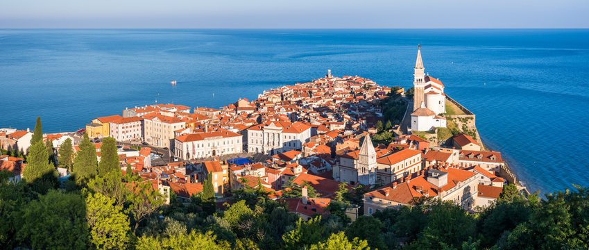 Panoramic View of Picturesque Piran Old Town in Slovenia in the Morning. Aerial view.