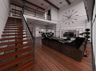 Naklejka premium 3D Interior rendering of a modern tiny loft