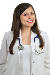 Portrait of young friendly beautiful female doctor smiling isola