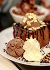 Chocolate ice cream  honey toast with whip cream on dish