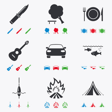 Hike trip, camping icons. Fishing, tourist tent.