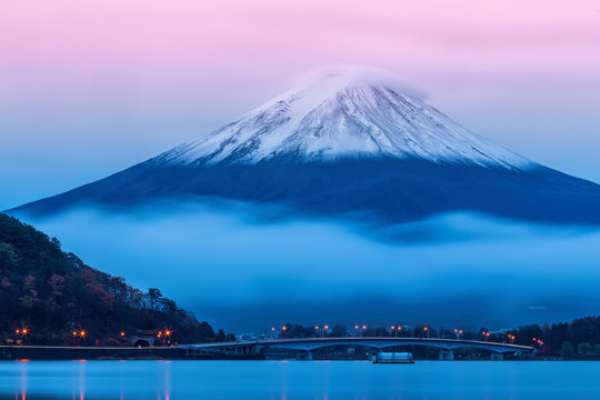 Mount Fuji at dusk near Lake Kawaguchi in Yamanashi Prefecture,
