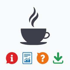 Coffee cup sign icon. Hot coffee button.