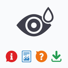 Eye with water drop sign. Drip into the eyes.