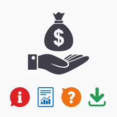 Dollar and hand sign. Palm holds money bag.