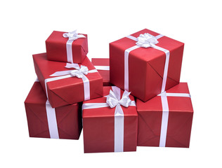 Red gift boxes with white ribbon.