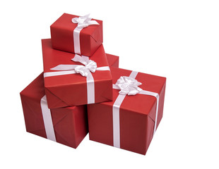 Red gift boxes with white ribbon.
