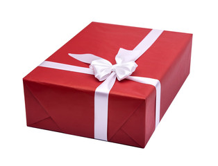 Red gift box with white ribbon.