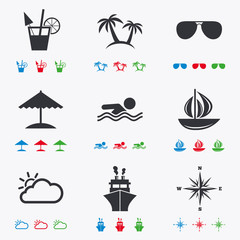 Cruise trip, ship and yacht icons. Travel signs.