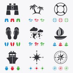 Cruise trip, ship and yacht icons. Travel signs.