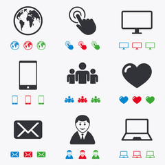 Web, mobile devices icons. Share, mail signs.
