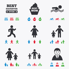 People, family icons. Swimming, person signs.