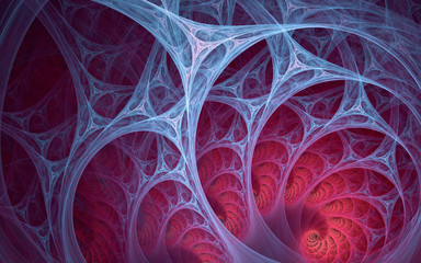 Abstract fractal, blue  lines structured into arcs on red background