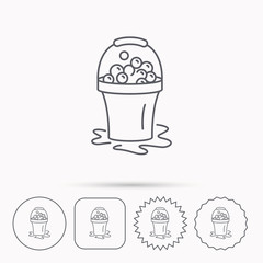 Soapy cleaning icon. Bucket with foam and bubble