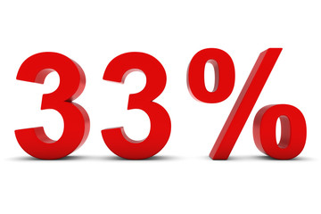 33% - Thirty Three Percent Red 3D Text Isolated on White