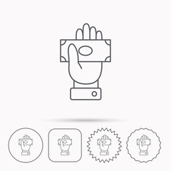 Money icon. Cash in giving hand sign.