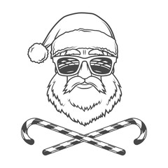 Santa Claus biker with candy cones and hipster glasses print design. Vintage disco man Christmas logo badge. Rock and roll new year t-shirt illustration