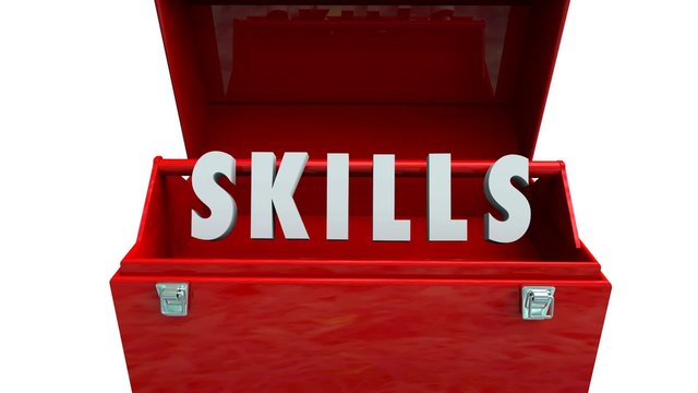 Skills 3d word in a red animated metal toolbox to illustrate your expertise, knowledge or training necessary to work on a job
