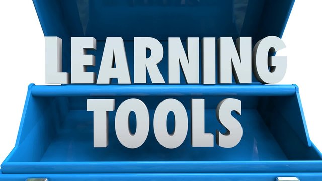 Learning Tools 3d letters animating to create words in a blue metal toolbox illustrating education training or teacher resources