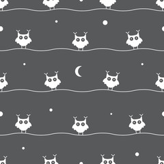 Vector seamless pattern with cute cartoon owls on  dark  background.