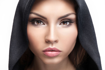 Closeup beauty portrait of brunette woman.