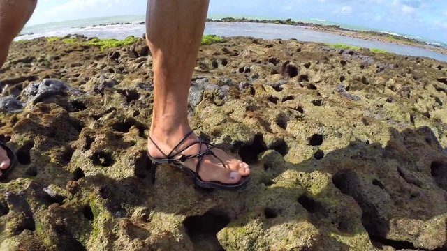 Closeup feet in sandals man walking over reef