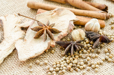 Anise, cardamom, nutmeg and cinnamon sticks.