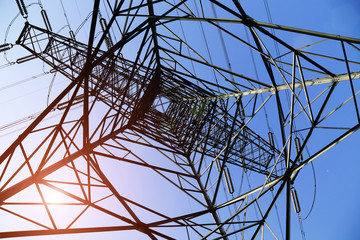 high voltage post.High-voltage tower sky background.