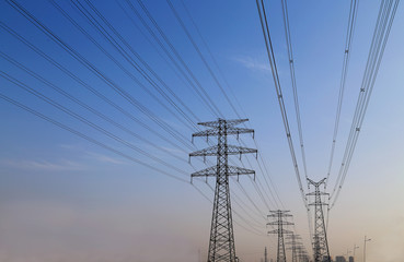 Fototapeta premium high voltage post.High-voltage tower sky background.