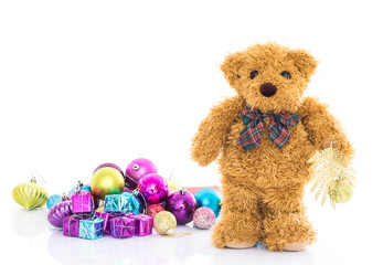 Teddy bear with gifts and ornaments christmas