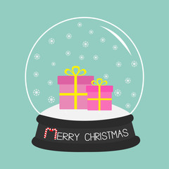 Gift box set  Crystal ball with snowflakes.  Blue background. Merry Christmas card Flat design