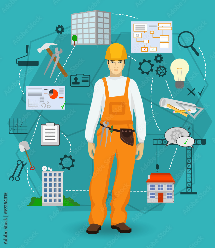 Poster builder man worker concept with flat icons. construction and building professions.