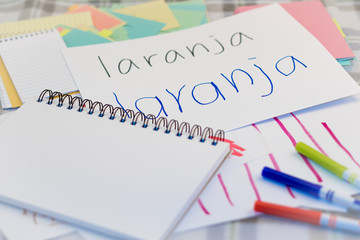 Portuguese; Kids Writing Name of the Fruits for Practice