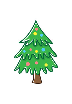 decorated Christmas tree in cartoon doodle style