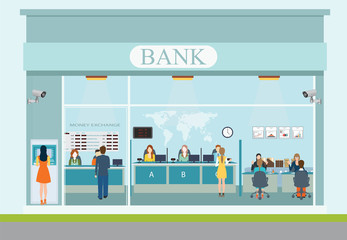 Bank building exterior and  bank interior. - obrazy, fototapety, plakaty