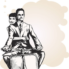 loving couple, man and woman riding scooter. vintage retro style. copy space. card template.