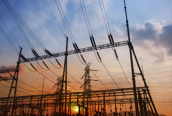 Electrical substation on the sunset background