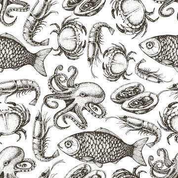 Hand drawn sketch seafood seamless pattern.