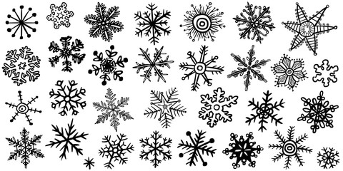 Vektor-Set: 30 Schneeflocken, schwarzweiß, handgezeichnet, Vektor, freigestellt