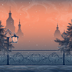 Winter landscape with cityscape, lantern, bridge and snow-covered spruces. Evening sky and snow. Christmas background. Vector, EPS 10