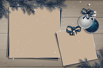 Wooden board with christmas decorations: balls, ribbons and photos or stickers. Christmas pine twigs and spruce branches. Christmas border. Inspiration board. Christmas mockup. Vector, EPS 10.