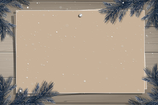 Wooden board with photo and place for inscription. Christmas pine twigs and spruce branches. Christmas border. Inspiration board. Christmas mockup. Vector, EPS 10.