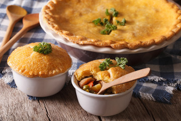 Chicken pot pie with vegetables close-up. horizontal
