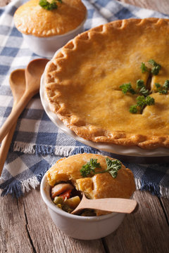 Chicken pot pie with vegetables close-up. Vertical
