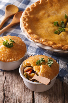 American cuisine: chicken pie with vegetables in a pot. vertical
