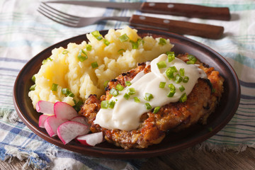 American food: Country Fried Steak and White Gravy close-up horizontal
