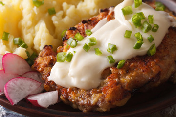 Country Fried Steak with mashed potatoes macro horizontal
